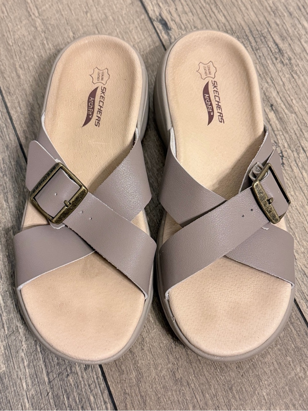 Skechers Women’s Taupe Crisscross Slide Sandals with Buckle